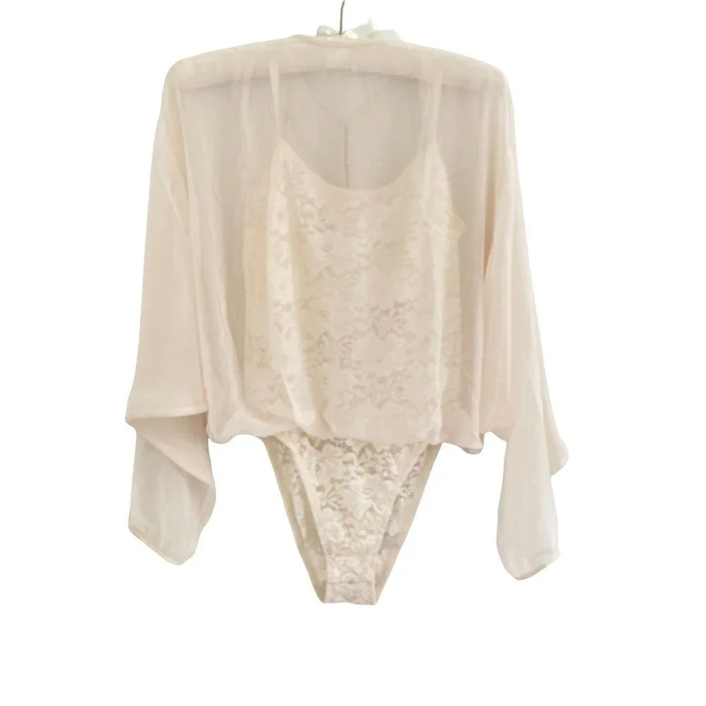 We Are Hah Mama Jen Lace Bodysuit Chiffon Top NWT Sz Small